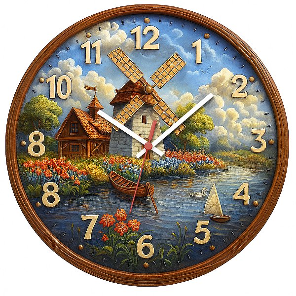 Relógio de Parede Países Holanda Moinho Campo Flores
