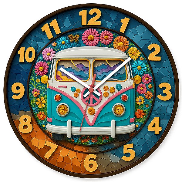 Relógio de Parede Vintage Kombi Hippie Floral Frontal