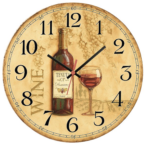 Relógio de Parede Vinho e Taça Clássico
