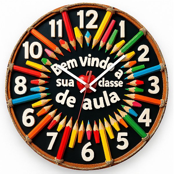 Relógio de Parede Escola Lápis Coloridos Bem-Vindo