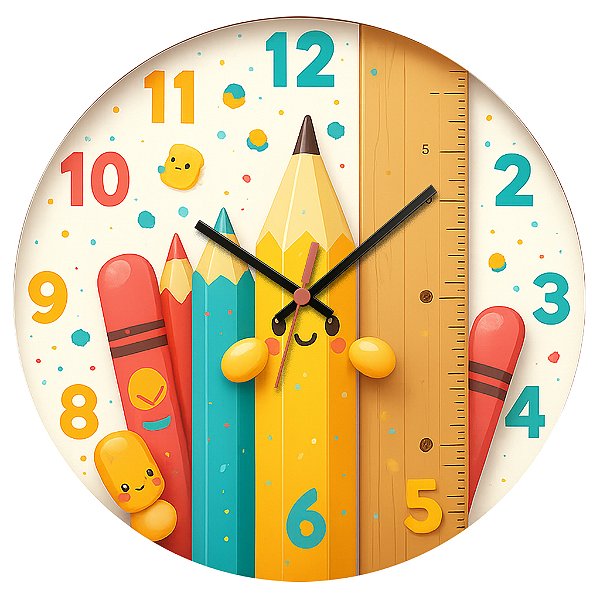 Relógio de Parede Escola Lápis e Régua Divertidos