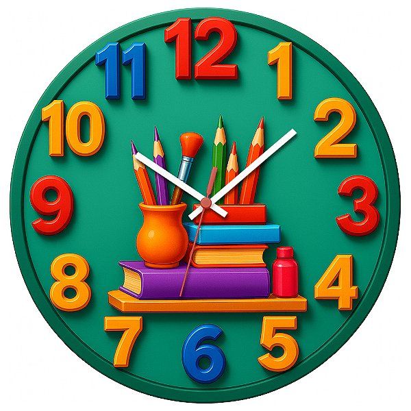 Relógio de Parede Escola Livros e Lápis Coloridos