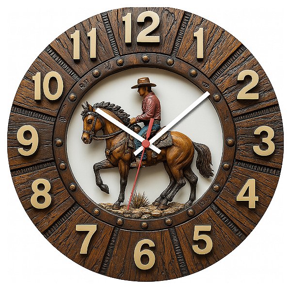 Relógio de Parede Fazenda Country Cavalo Peão Madeira
