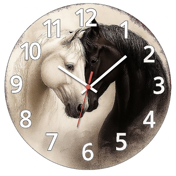 Relógio de Parede Fazenda Country Dois Cavalos Preto e Branco