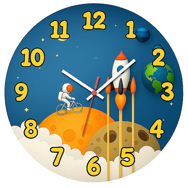Relógio de Parede Infantil Astronauta Foguete e Lua