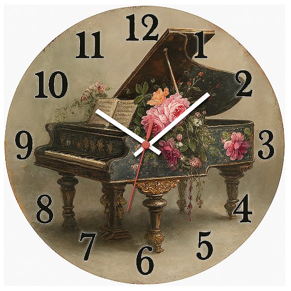 Relógio de Parede Música Piano Flores
