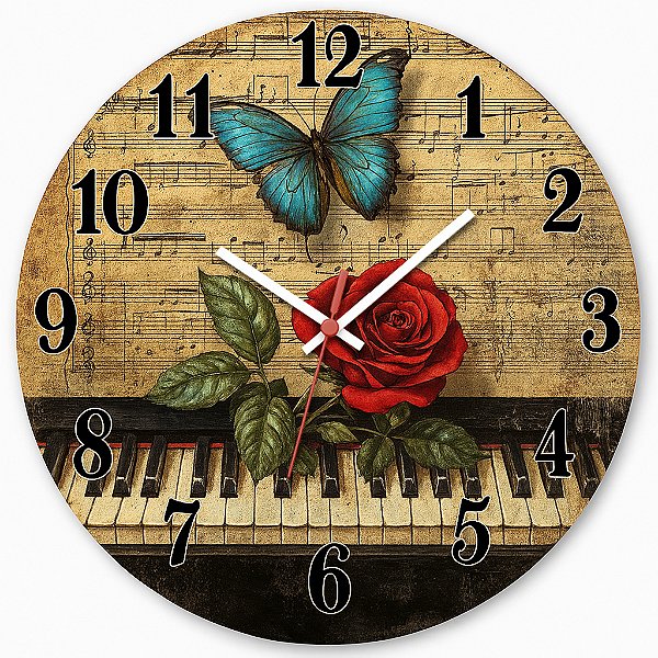 Relógio de Parede Música Piano Rosa e Borboleta