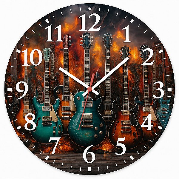 Relógio de Parede Música Guitarra Várias Guitarras Fogo