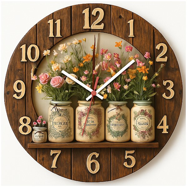 Relógio de Parede Lavabo Vasos com Flores Rústico