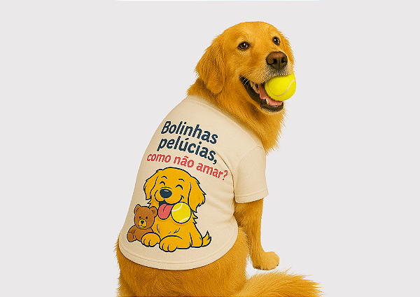 Camiseta Golden Retrivier Golden Pelucias e Bolinha Branca