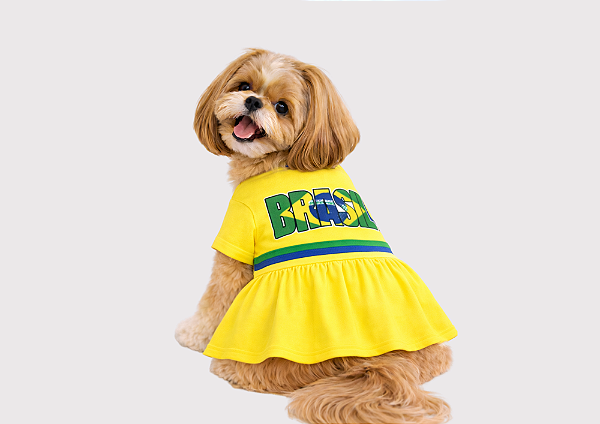 Vestido Pet Copa Brasil Amarelo Premium Gaby Moda Pet - Venda Atacado