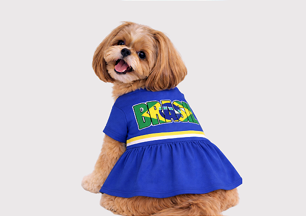 Vestido Pet Copa Brasil Azul Premium Gaby Moda Pet - Venda Atacado