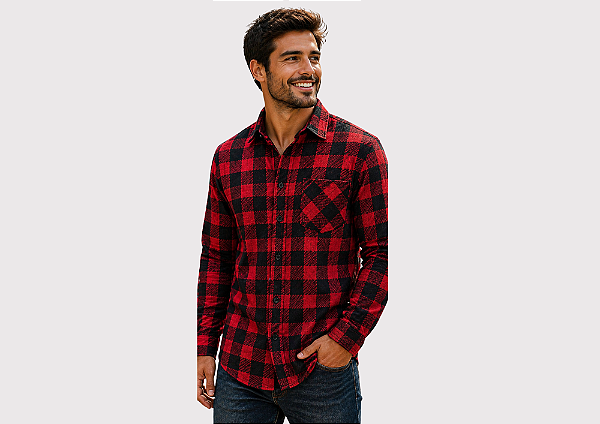 Camisa Masculina Xadrez Vermelha Flanelada Premium – Linha Combinando Tutor & Pet Atacado