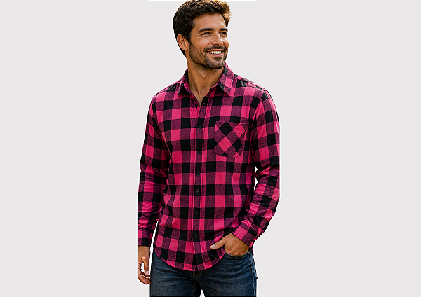 Camisa Masculina Xadrez Rosa Flanelada Premium – Linha Combinando Tutor & Pet Atacado