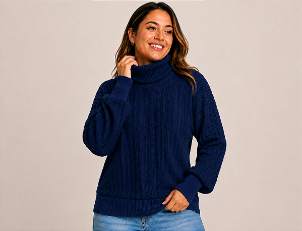 BLUSA TRICOT GOLA ALTA AZUL MARINHO TAL MÃE - ATACADO