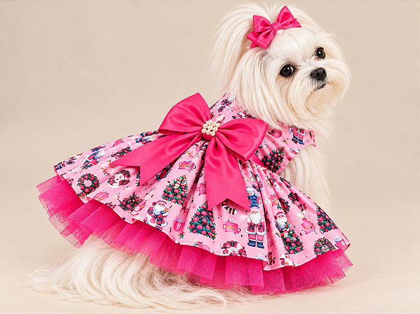Vestido Pet Princesa Rosa Natalino em Oxford com Estampa Digital e Tule | Atacado