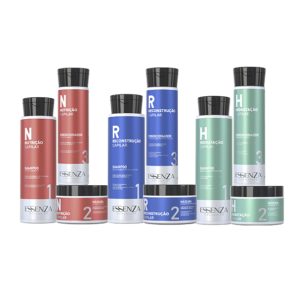 Kit Cronograma Capilar Essenza – 3 Kits de 3 Passos Reconstrução, Hidratação e Nutrição