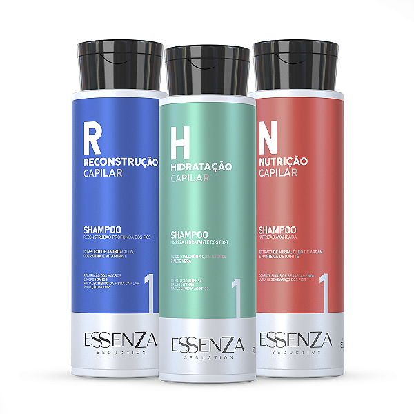 Kit 3 Shampoos Profissionais Essenza – Reconstrução, Hidratação e Nutrição Capilar