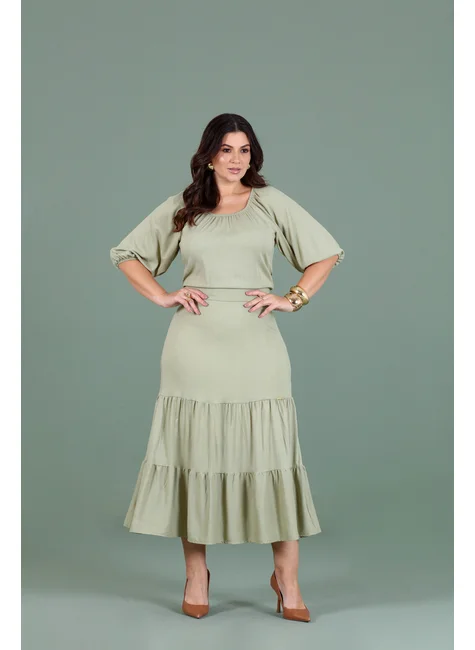 Vestido Plus Size de Linho com Manga 7/8 G2- Hadaza