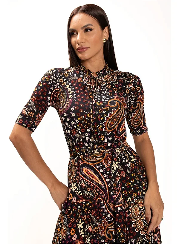 Vestido Midi de Viscolycra Estampa Paisley Preto Polyane Lekazis