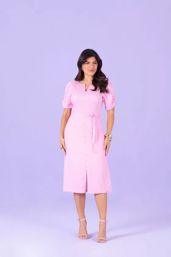 VESTIDO MIDI EVASÊ COM BOTÕES ASSIMÉTRICOS HADAZA