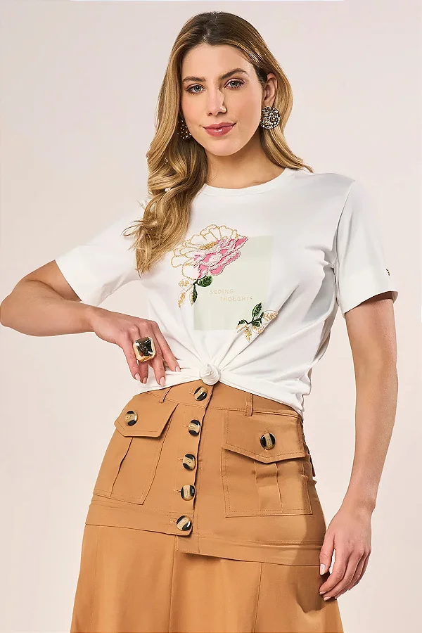T-SHIRT MALHA BORDADO COM ESTAMPA FLORAL MISSANGAS FASCINIUS