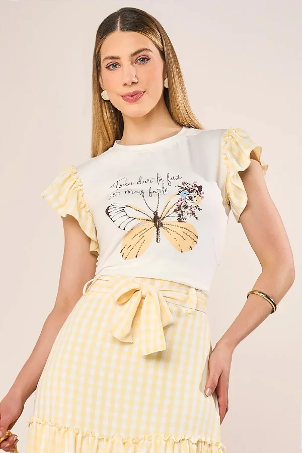 T-SHIRT BUTTERFLY MANGA CUTE COM BORDADOS MANUAIS FASCINIUS