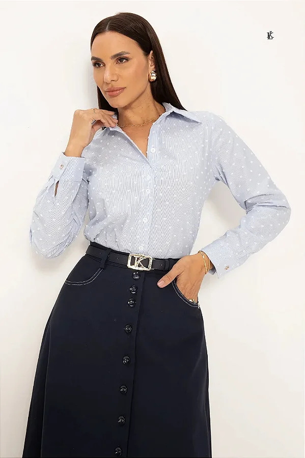 CAMISA DE ALGODÃO LISTRADA AZUL COM BORDADO DENIZE LEKAZIS 2663