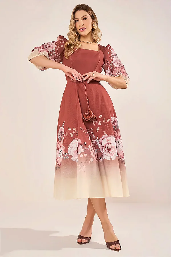 VESTIDO MIDI GODE COM ESTAMPA FLORAL FASCINIUS 2839