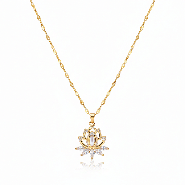 Colar Flor de Lótus com Pedra de Zircônia em Aço inoxidável