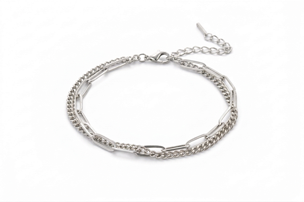 Pulseira Dupla de Elos em Aço Inoxidável Prateada