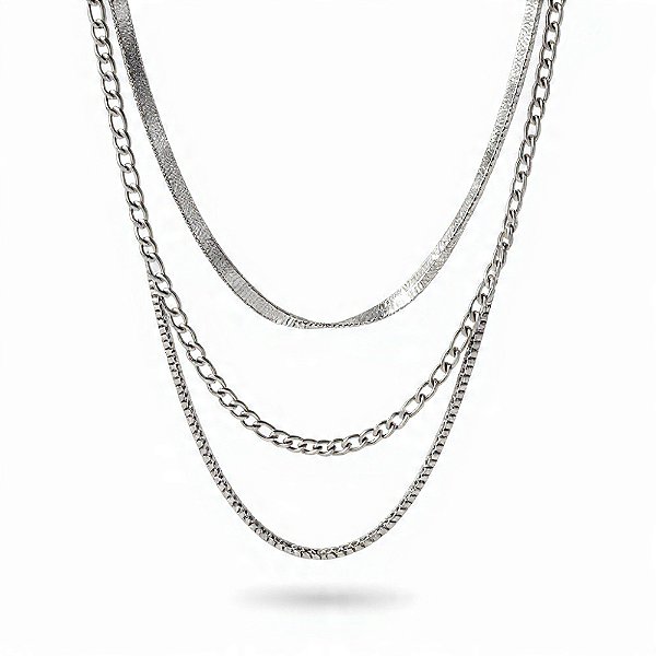 Colar Fígaro com Corrente de Três Camadas em Aço Inoxidável Prateado