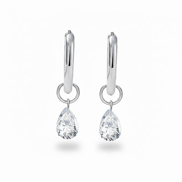 Brinco Argola Gota em Aço Inoxidável com Zircônia Prateado