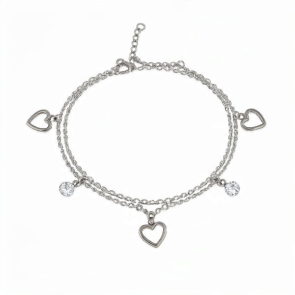 Pulseira Dupla Coração com Zircônias em Aço Inoxidável