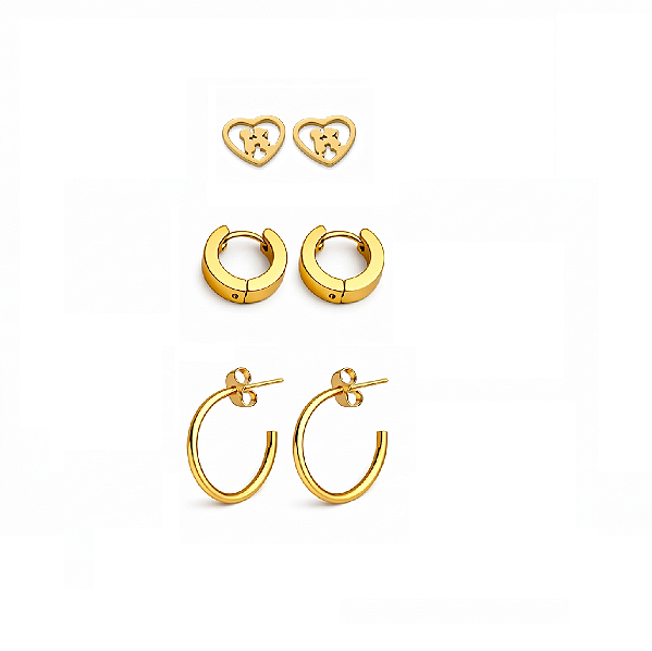 Brinco Trio de Argolas Clássicas e Coração em Aço Inoxidável