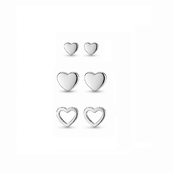 Trio de Brincos Corações em Aço Inoxidável