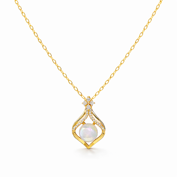 Colar Retrô Pedra da Lua Branca com Gota de Zircônia em Aço Inoxidável