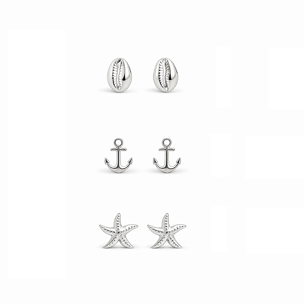 Trio Brincos Marinhos em Aço Inoxidável