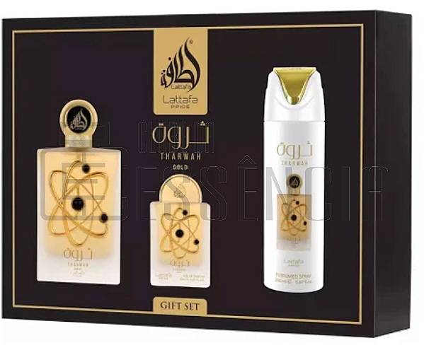 Kit Tharwah Gold – Lattafa – Perfume Feminino (Eau de Parfum 100ml + Miniatura 20ml + Body Spray 200ml + Porta-Perfume)