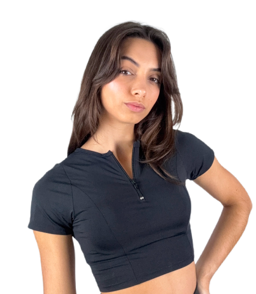 Top Zíper Strong Cropped Poliamida Preto