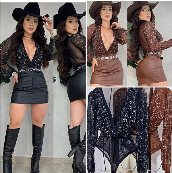 Conjunto Bloguerinha Body Manga Longa + Saia Courino Moda Feminina