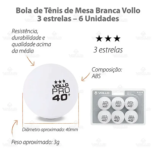 Kit 6 Bola Ping Pong 3 Estrelas Branca Tênis De Mesa Vollo