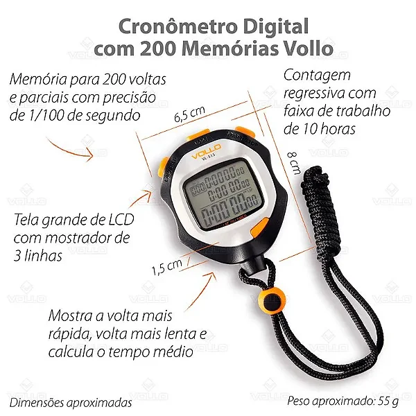 Cronômetro Digital Profissional VL-515 com 200 Memórias – Preto e Laranja