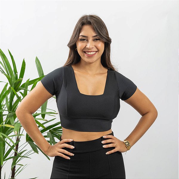 Blusa Top Cropped Suplex Com Manga Decote Quadrado E Bojo