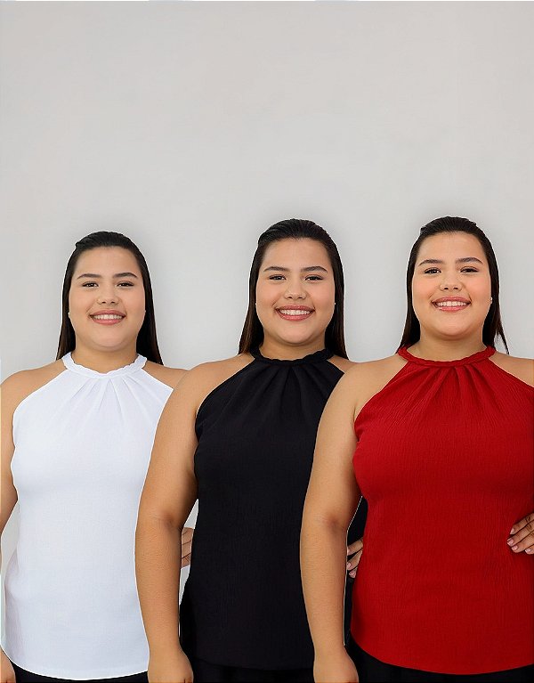 Kit 3 Blusas Gola Trançada Alta Social Regata Plus Size Três Cores Duna