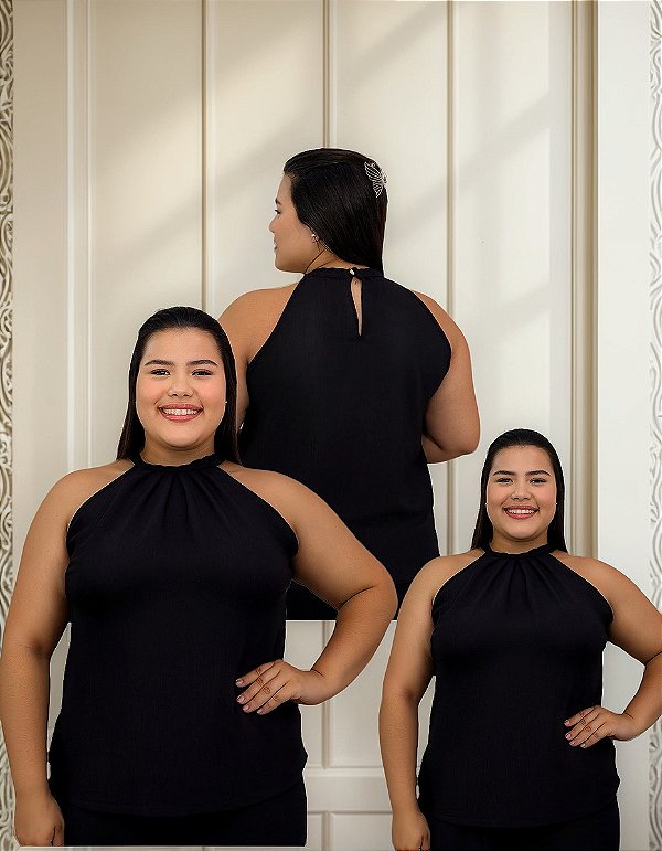 Kit 3 Blusas Preta Gola Alta Trançada Feminina Verão Plus Size Social