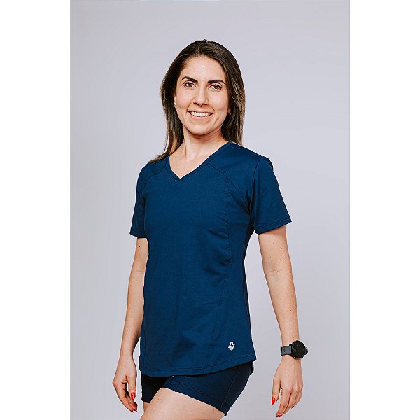 Camiseta Feminina Fitness Proteção UV Azul Marinho
