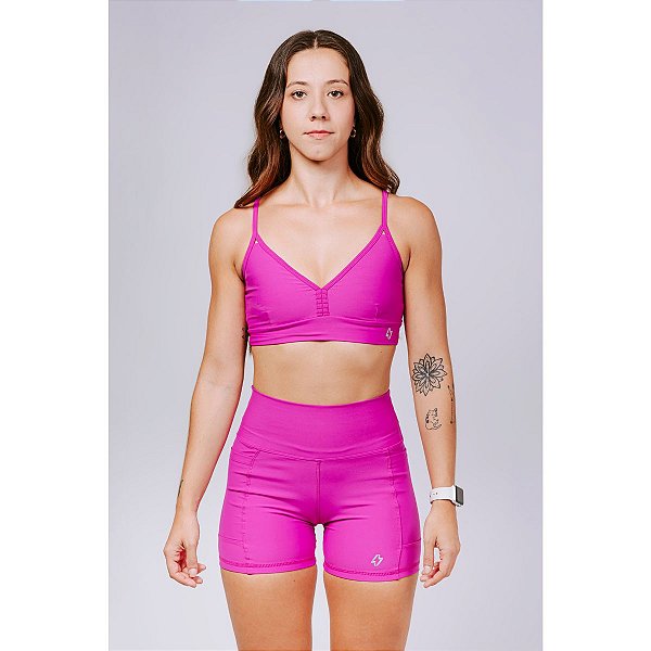 Shorts Fitness Curto Alta Compressão com Bolso Fúcsia