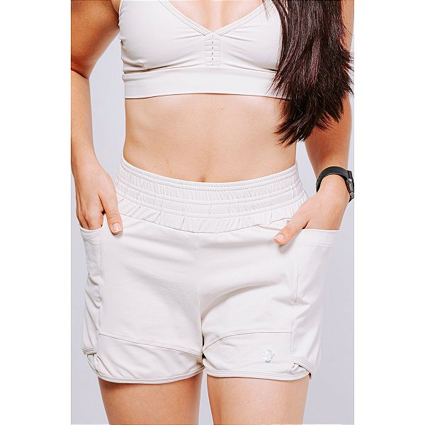 Shorts Fitness Duplo Compressão com Bolso Areia