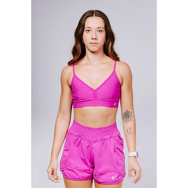 Shorts Fitness Duplo Compressão com Bolso Fúcsia